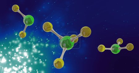Bild von Mikro-Molekül-Modellen und Lichtspuren auf blauem Hintergrund. Globales Wissenschafts-, Forschungs- und Verbindungskonzept digital generiertes Bild.