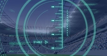 Image of scope scanning and data processing over sports stadium. Global sport and digital interface concept digitally generated image.