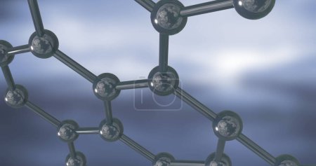 Image of 3d micro of molecules on blue background. Global science, connections, computing, digital interface and data processing concept digitally generated image.