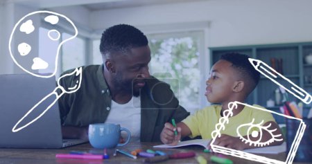 Téléchargez les photos : Image de peinture icônes sur heureux père afro-américain et fils faisant leurs devoirs. l'enfance, l'éducation et les responsabilités concept image générée numériquement. - en image libre de droit