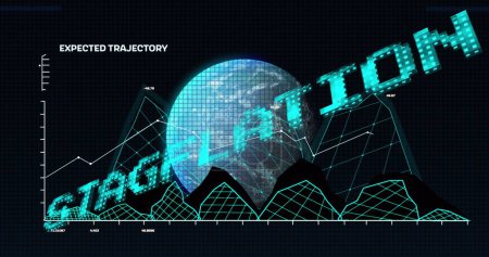 Imagen de texto de estanflación en azul sobre globo y datos de procesamiento gráfico. Economía empresarial global, estancamiento, inflación e interfaz digital concepto de imagen generada digitalmente.