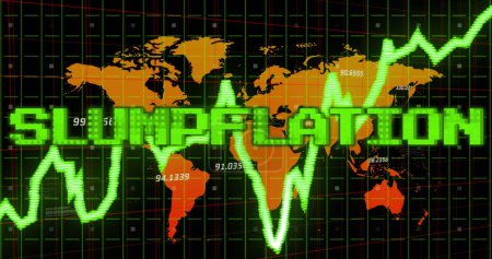 Bild des Stagflation-Textes in grün über Grafik und orangefarbener Weltkarte mit Verarbeitungsdaten. Weltwirtschaft, Stagnation, Inflation und digitales Kommunikationskonzept erzeugen digitales Image.