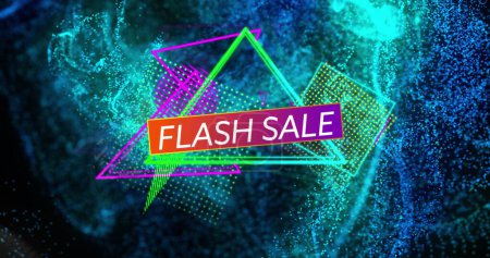 Bild von Flash-Verkaufstext über bewegte blaue Wellen und bunte Formen. Shopping- und Einzelhandelskonzept digital generiertes Image.