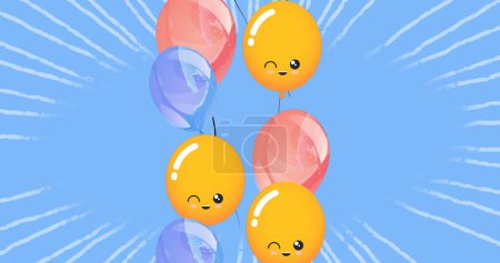 Foto de Imagen de globos azules y amarillos volando sobre fondo azul. concepto de fiesta y celebración imagen generada digitalmente. - Imagen libre de derechos