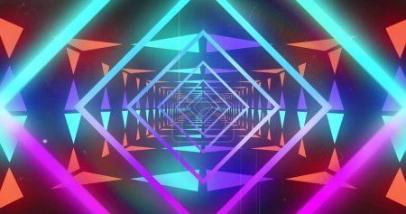 Image of neon shapes moving over digital tunnel. Abstract background, retro future and pattern concept digitally generated image.
