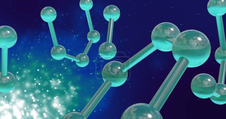 Image of micro 3d of molecules over glowing lights on blue background. Global science, research and connections concept digitally generated image.