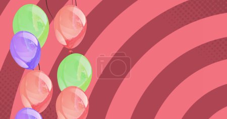 Téléchargez les photos : Image de ballons colorés volant sur fond rouge. concept de fête et de célébration image générée numériquement. - en image libre de droit