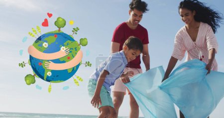 Foto de Imagen de abrazar el logo del globo sobre los sonrientes padres hispanos y su hijo recogiendo basura de la playa. eco conservación voluntario mes imagen generada digitalmente. - Imagen libre de derechos
