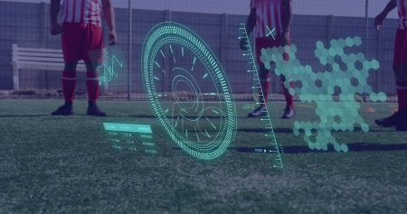 Image of scope scanning and data processing over diverse men playing football. Global sport and digital interface concept digitally generated image.