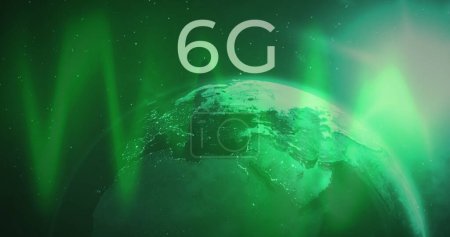 Photo for Image of silver text 6g, with green lights and rotating globe on dark background. communication technology digital interface concept, digitally generated image. - Royalty Free Image