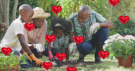 Photo for Image of heart balloons over african american family gardening plants. family, love and communication technology concept digitally generated image. - Royalty Free Image