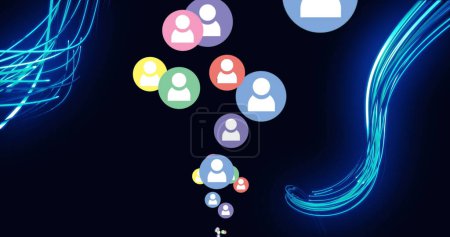 Image of social media reactions over blue lines on black background. Social media, network, communication and technology concept digitally generated image.