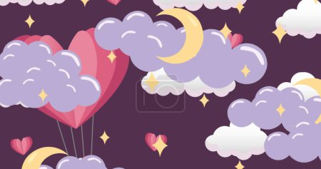 Photo for Image of clouds and stars with moons over hearts on purple background. Celebration and party concept digitally generated image. - Royalty Free Image
