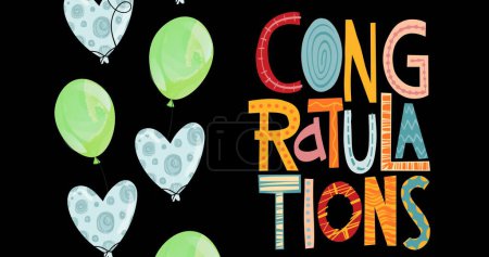 Photo for Image of congratulations text over green balloons on black background. Celebration and party concept digitally generated image. - Royalty Free Image