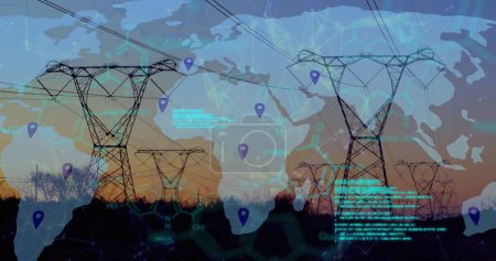 Photo for Image of data processing and world map over pylons. Global business and digital interface concept digitally generated image - Royalty Free Image