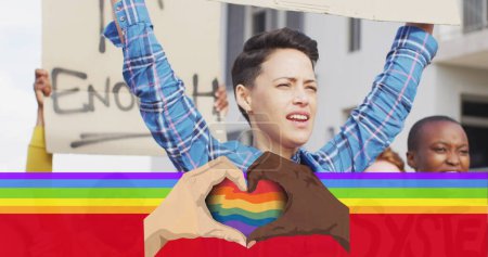 Foto de Imagen de la bandera del arco iris sobre una manifestante caucásica. lgbt Derechos y concepto de igualdad imagen generada digitalmente. - Imagen libre de derechos