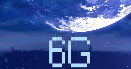 Image of 6g text over globe and cityscape on blue background. global networks, connections and technology concept digitally generated image.