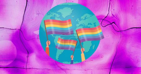 Image of rainbow flags over globe on waving pink background. lgbt rights and equality concept digitally generated image.