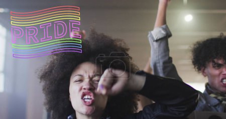Photo for Image of rainbow pride over diverse protesters with banners. lgbt rights and equality concept digitally generated image. - Royalty Free Image