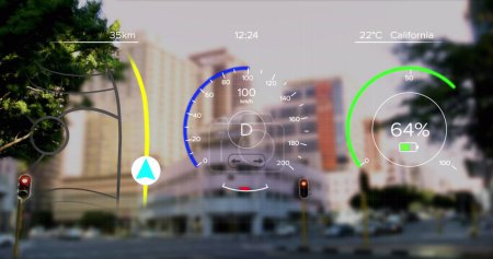 Téléchargez les photos : Image de l'interface avec icône de la batterie de charge et indicateur de vitesse sur le paysage urbain. énergie, énergie et technologie des carburants concept d'interface numérique image générée numériquement. - en image libre de droit