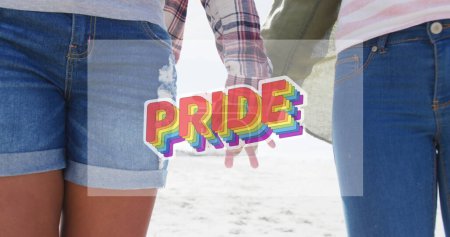 Photo for Image of rainbow pride over midsection of lesbian couple holding hands outdoors. lgbt rights and equality concept digitally generated image. - Royalty Free Image