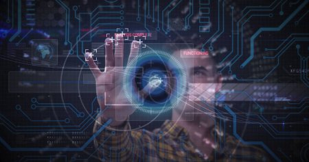 Photo for Image of man touching screen with scope scanning and processor connections. global connections and digital interface concept digitally generated image. - Royalty Free Image