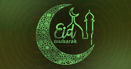 Photo for Image of text eid mubarak, with mosque and crescent moon design, in green light. muslim tradition, religion and celebration concept, digitally generated image. - Royalty Free Image