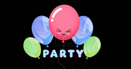Photo for Image of party text over colorful balloons on black background. Celebration and party concept digitally generated image. - Royalty Free Image