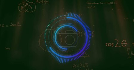 Bild des Scanners über mathematische Gleichungen auf schwarzem Hintergrund. Globale Verbindungen und digitales Schnittstellenkonzept digital generiertes Bild.