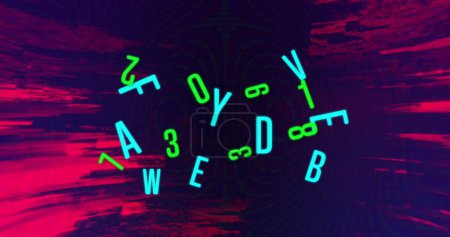 Photo for Image of blue and green letters and numbers changing, with red flashes on dark background. global communication, social media and digital interface concept, digitally generated image. - Royalty Free Image