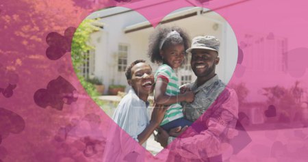 Photo for Image of hearts over happy african american family in garden. family, domestic life, love and care concept digitally generated image. - Royalty Free Image