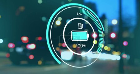 Téléchargez les photos : Image of interface with charging battery icon and speedometer over road. energy, power and fuel technology digital interface concept digitally generated image. - en image libre de droit