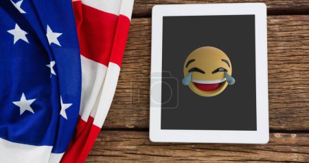 Image of emoji icons over american flag. Social media and digital interface concept digitally generated image.