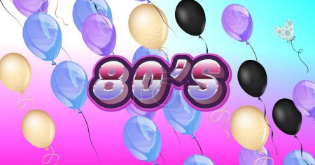 Téléchargez les photos : Image de texte des années 80 sur des ballons colorés sur fond violet. Fête et concept de fête image générée numériquement. - en image libre de droit
