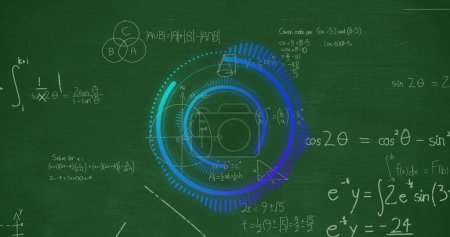 Bild des Scanners über mathematische Gleichungen auf grünem Hintergrund. Globale Verbindungen und digitales Schnittstellenkonzept digital generiertes Bild.