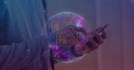 Photo for Image of globe of connections over man using smartphone in background. global networks, connections and technology concept digitally generated image. - Royalty Free Image