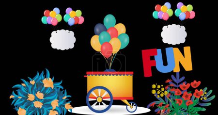 Photo for Image of fun text over colorful balloons and items on black background. Celebration and party concept digitally generated image. - Royalty Free Image