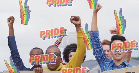 Photo for Image of rainbow hands and pride over diverse protesters with banners. lgbt rights and equality concept digitally generated image. - Royalty Free Image