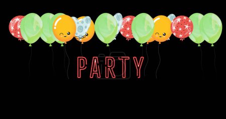 Bild des Parteitextes über bunten Luftballons auf schwarzem Hintergrund. Feier und Party-Konzept digital generiertes Image.