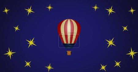 Photo for Image of hot air balloon over stars on blue background. Celebration and party concept digitally generated image. - Royalty Free Image