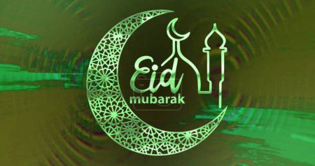 Téléchargez les photos : Image de texte eid moubarak, avec mosquée et croissant de lune design, en feu vert. tradition musulmane, religion et concept de célébration, image générée numériquement. - en image libre de droit