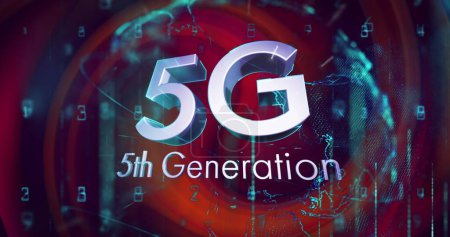 Image of silver text 5g 5th generation, with glowing globe and data processing on red background. communication technology digital interface concept, digitally generated image.