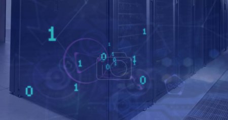 Image of data processing and icons over server room. Global sport, technology and digital interface concept digitally generated image.