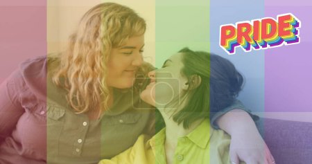 Foto de Imagen de la bandera del arco iris sobre una pareja lesbiana besándose. lgbt Derechos y concepto de igualdad imagen generada digitalmente. - Imagen libre de derechos