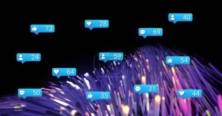 Image of social media reactions over pink and blue lights on black background. Social media, network, communication and technology concept digitally generated image.