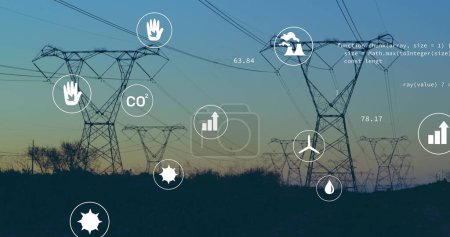Image of digital icons and data processing over power lines. global digital interface, data processing and technology concept digitally generated image.