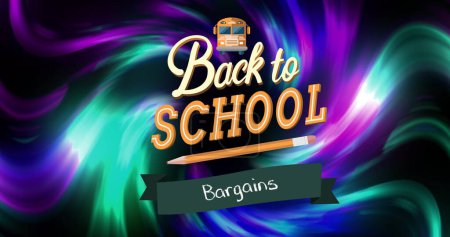 Image of back to school over colorful lights on black background. Back to school, education, sales and promotions concept digitally generated image.
