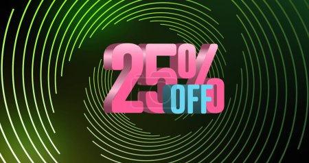 Image of 25 percent off over green spiral on black background. Business, trade, sales and promotions concept digitally generated image.
