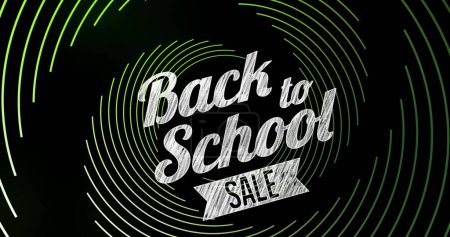 Imagen de vuelta a la escuela sobre espiral verde sobre fondo negro. Volver a la escuela, educación, ventas y promociones concepto de imagen generada digitalmente.