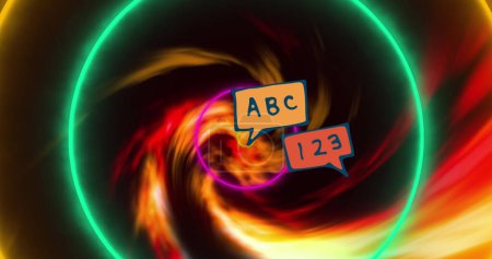 Photo for Image of abc 123 over neon circles on black background. Back to school, education, sales and promotions concept digitally generated image. - Royalty Free Image